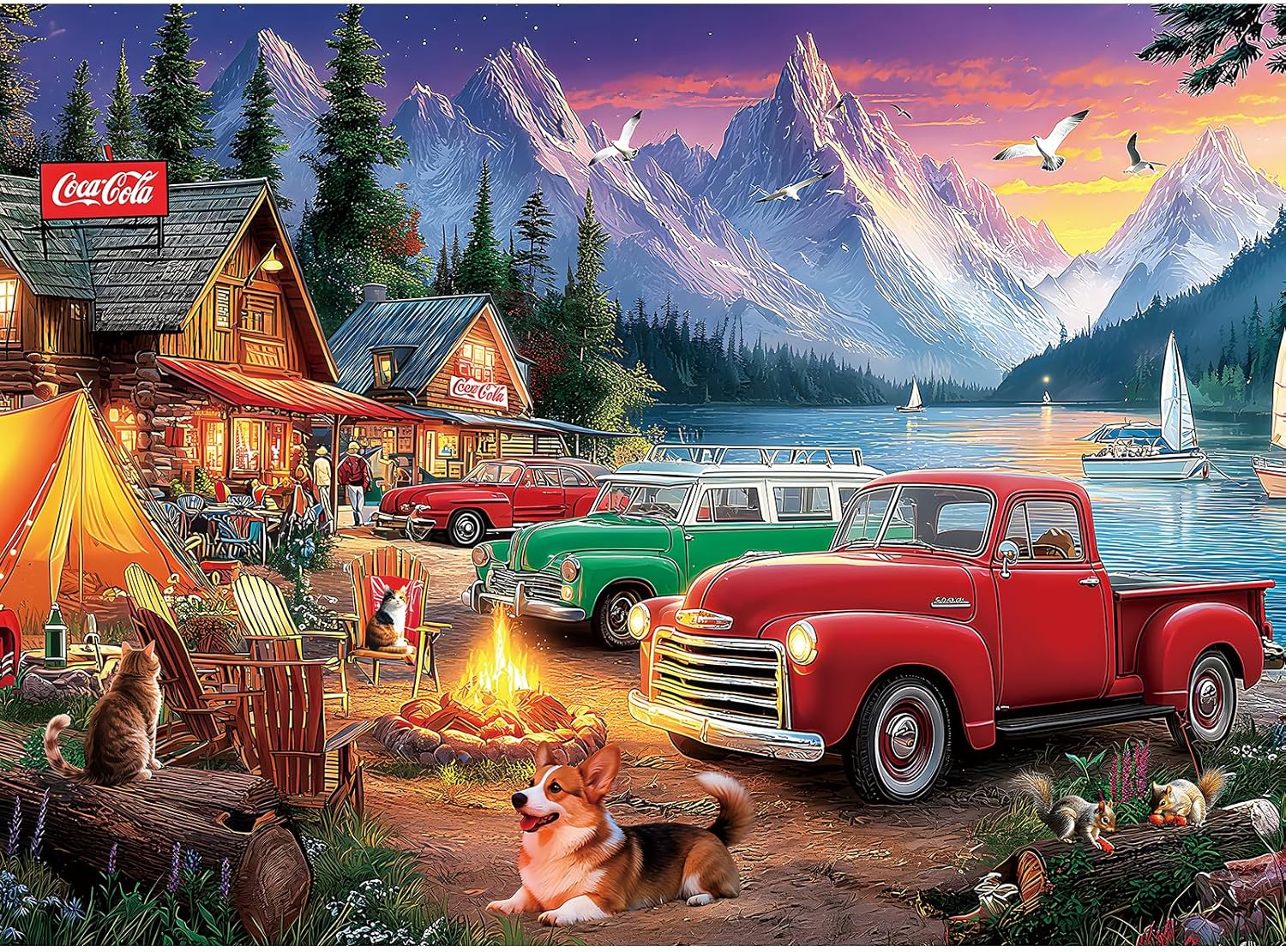 500 Pieces Puzzle for Adults, Puzzles for Adults 500 Pieces, Mountain Camping Bonfire Cars Jigsaw Puzzle, Challenging Perfect for Game Nights, 20.5 X 15 in