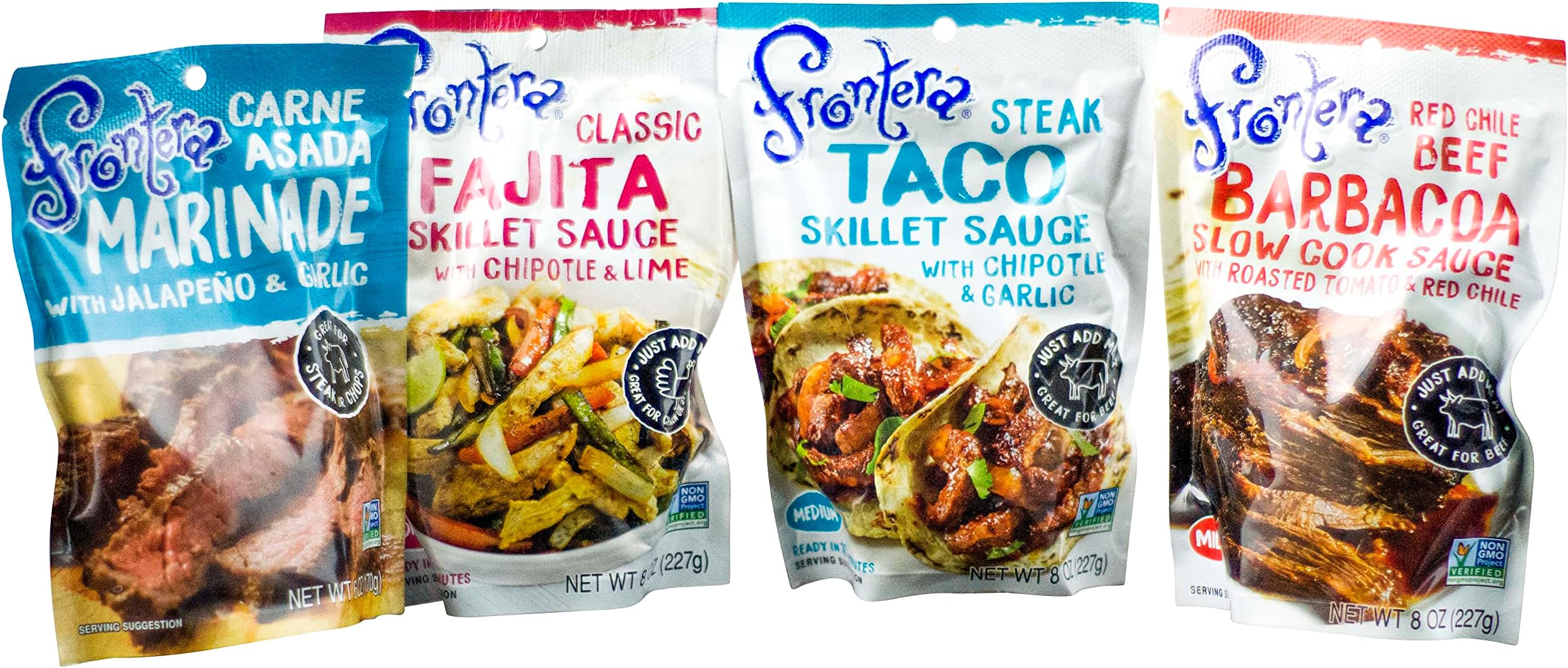 Frontera Gourmet Mexican Simmer Marinade Sauce Pouch 4 Flavor Variety Bundle, 1 each: Red Chile Barbacoa, Classic Fajitas, Chipotle Garlic Taco, Carne Asada (6-8 Ounces)
