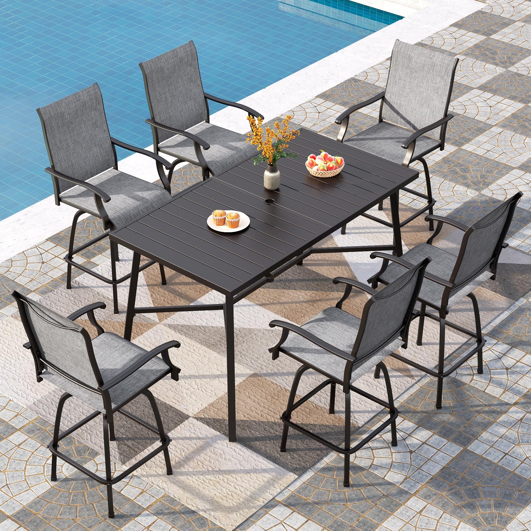 PHI VILLA 7 Piece High Top Patio Bar Set, Outdoor Bar Height Table and Chairs Dining Furniture Set with 6 Outdoor Swivel Bar Stools Grey & 1 Patio Bar
