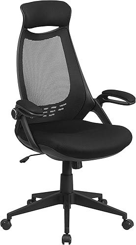 Flash Furniture Silla de oficina giratoria ejecutiva de malla negra con brazos abatibles