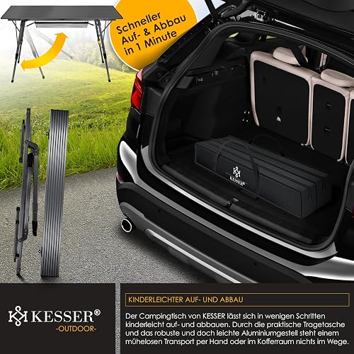 KESSER® Table de camping pliable avec cadre en aluminium - Plateau de table enroulable - Hauteur réglable - Avec sac de transport avec dragonne - 120 x 70 cm - Jusqu'à 30 kg - Anthracite - 6