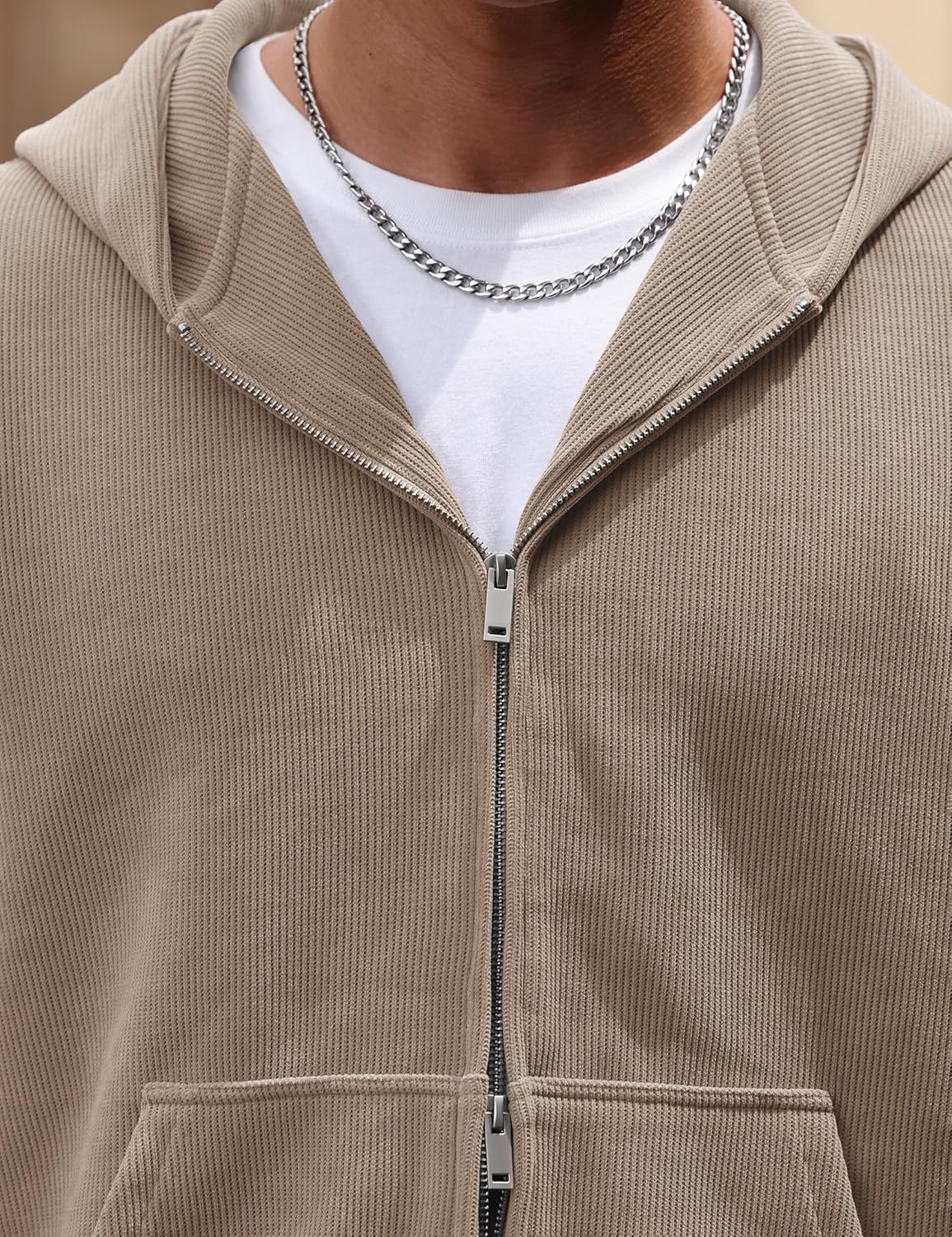 Mens Cropped Zip up Hoodie Jacket Corduroy Heavyweight Double Zipper Sweatshirts (S-XXL) - Image 7