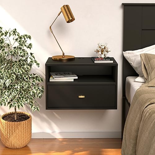 Miniatura 6 de Prepac BRBW-1402-2M - Mesa auxiliar flotante con cajón y perillas de latón cepillado, moderna mesita de noche flotante de 15 pulgadas de profundidad