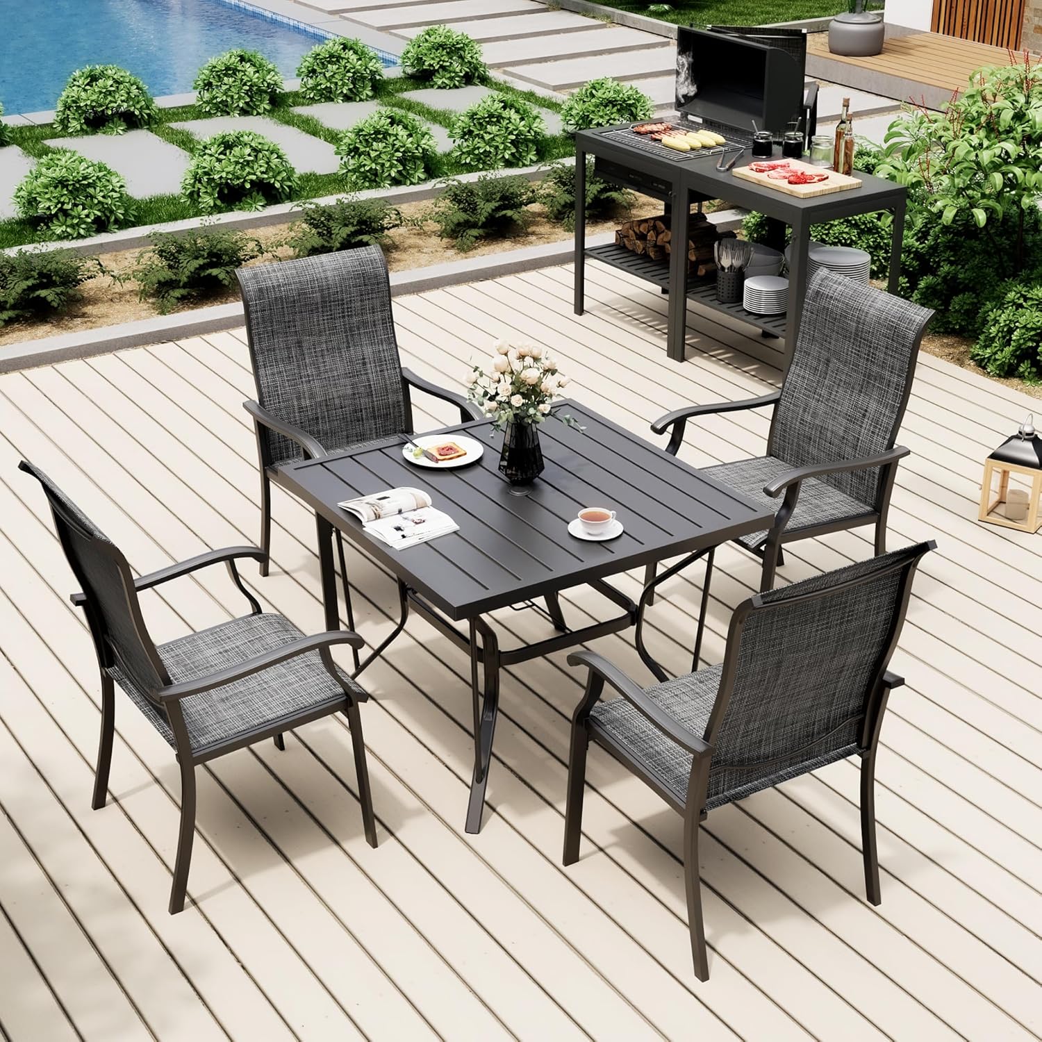 Pamapic 5-Piece Outdoor Dining Set, Patio Dining Set for 4, All-Weather Outdoor Patio Set with 4 Regular Chairs for Garden, Poolside, Deck，Gray