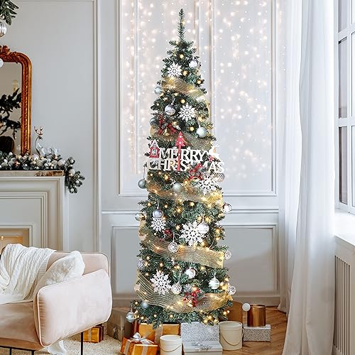 Miniatura 53 de MUPATER Árbol de Navidad artificial preiluminado de 5 pies, con nieve flocada y soporte de metal, luces blancas cálidas, decoración navideña