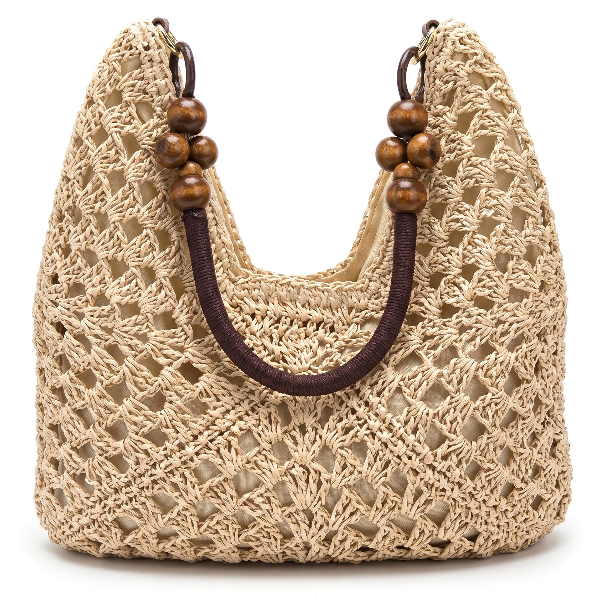 Ameble Unisex White Large Capacity Straw Woven Beach Bag With Natural Wood Bead Handle, Stylish Straw Shoulder Bag For Summer Women, Tote For Vacation
