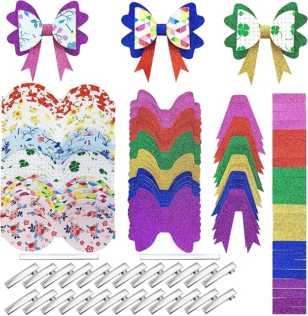 AOUXSEEM 24 Set Shiny Faux Leather Hair Bows Making Kit with Pre Cut Pieces and Alligator Clips, Make Fashionable Cute Hair Clips for Girls Women DIY Gifts