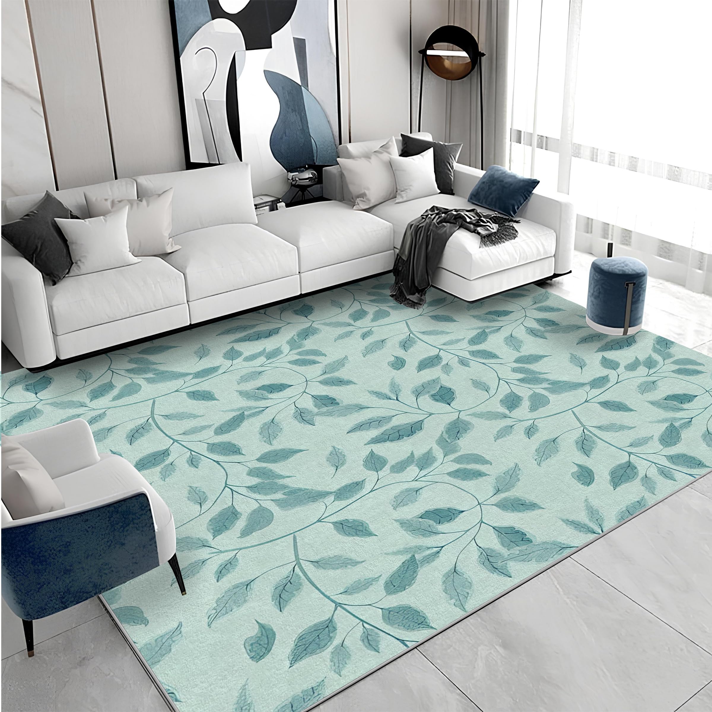 Großer waschbarer Kurzflor-Teppich 200x300 - Blätter Blau Teppiche - Abstrakt Dünn Saugfähig Vielseitig Carpet für Wohnzimmer Schlafzimmer Oder Als Bettvorlege A&171
