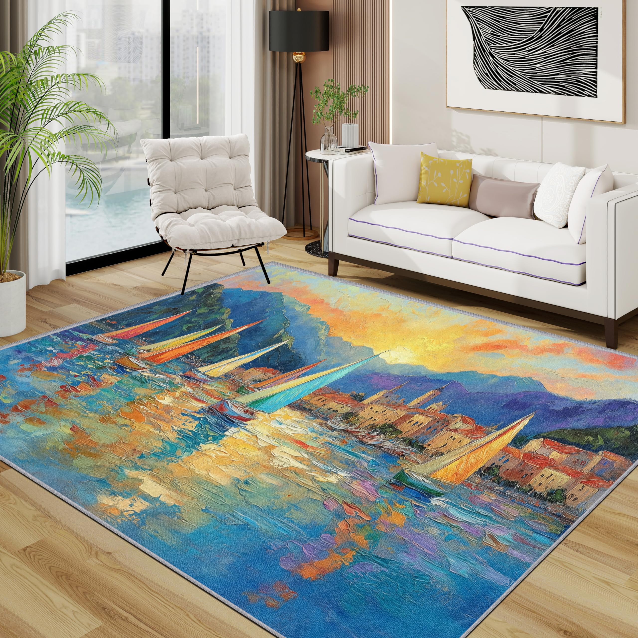 TerroVee Sailboat Rug - Colourful Seaside Scene Sunset Small Rugs for Bedroom 50x80, Coastal Landscape Artistic Floor Mat Soft Washable Non Slip Indoor Mats, Sailboat Home Decor