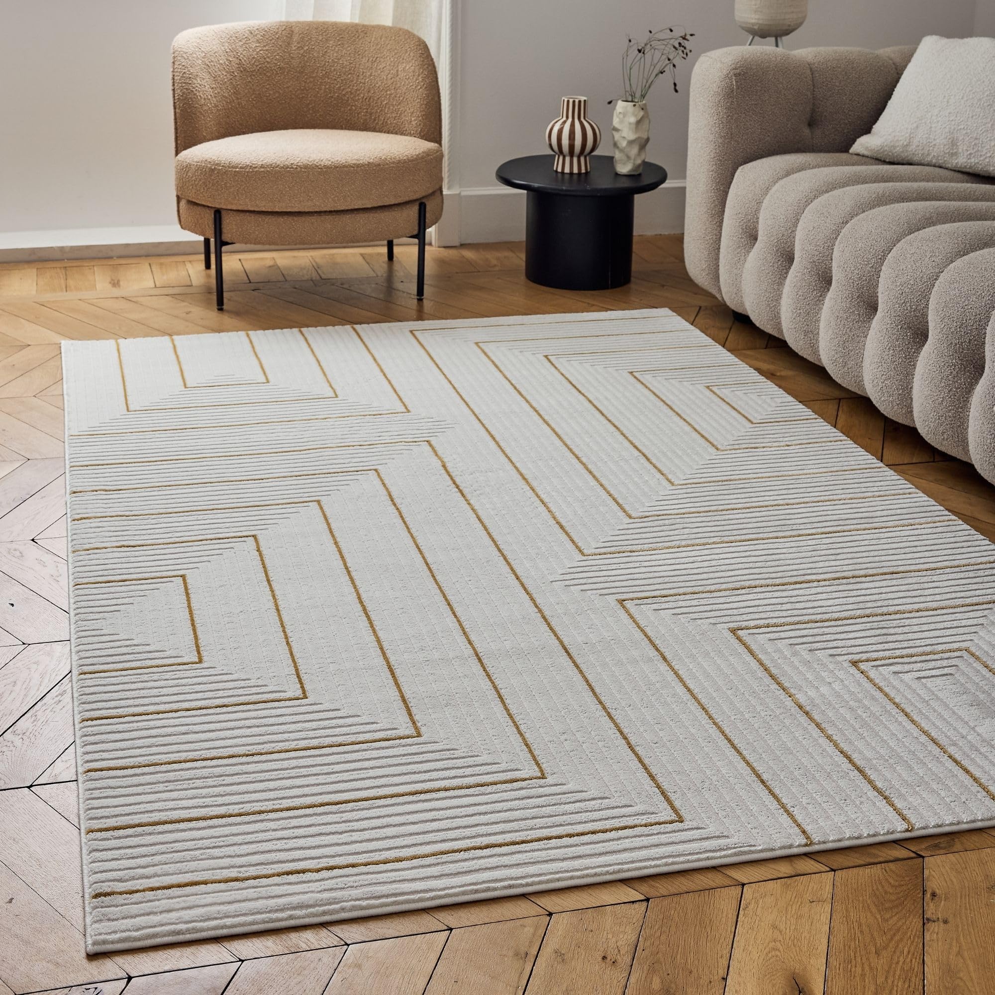 THE RUGS Carmel Modern Area Rug - Stain-Resistant, Non-Shedding, Durable Rugs for Living Room and Bedroom [ Geometric Gold, 120x170 cm ]