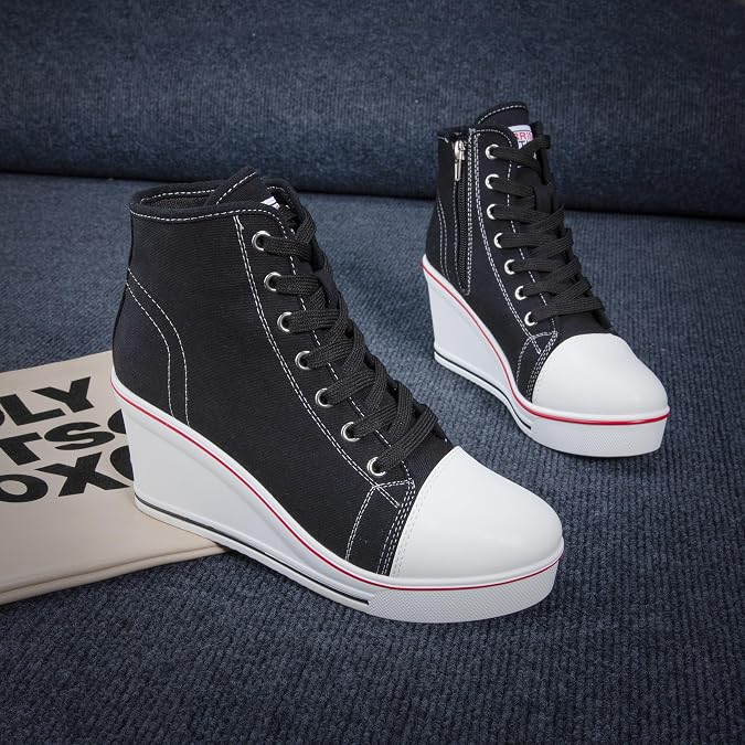 Wedge Sneakers for Women, High Heel Platform High Top Canvas Shoes Lace up Zipper Fashion Sneakers, Tenis Zapatos de Cuna Plataforma Tacon para Mujer, Suitbale for Y2K & Harley Quinn Cosplay
