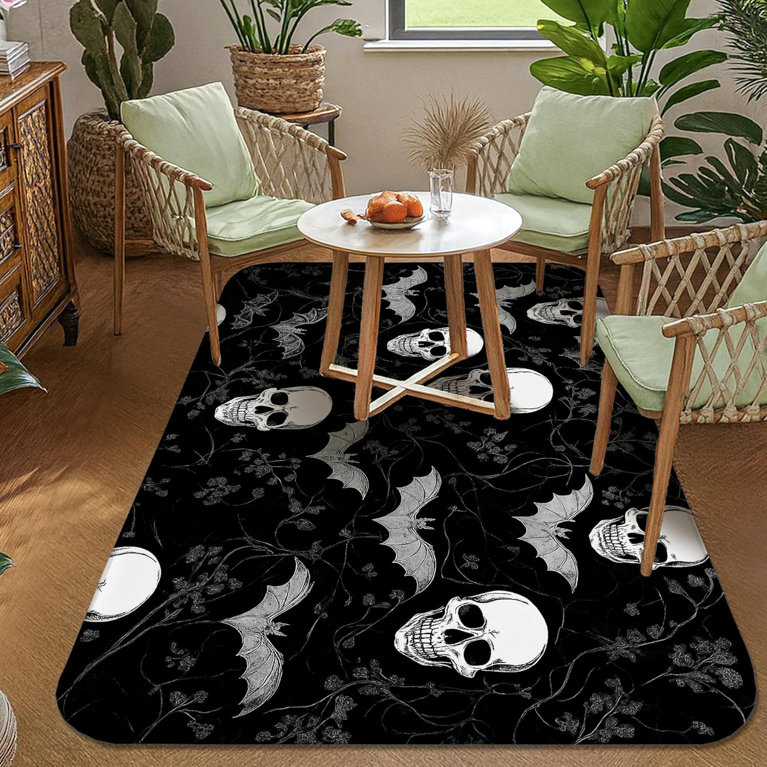 Skull Area Rug, Halloween Gothic Bat Vine Halloween Black Non-Slip Doormat Throw Rug Edge Binding Bathroom Entryway Bedside Doorway Decor 3' X 5'