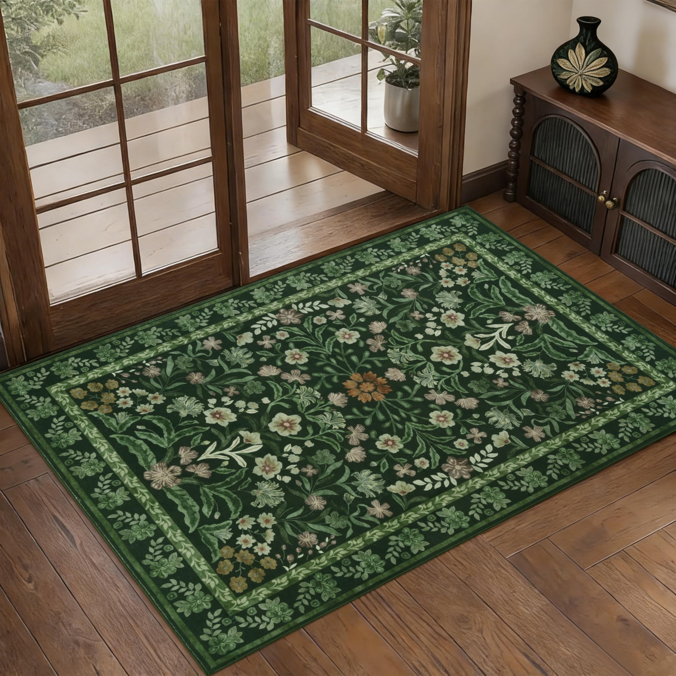Edlbaegy Small Area Rug Washable 60x90cm Green Doormats Indoor Non-slip Floral Bedside Rug Boho Floor Mat for Entrance Living Room Bedroom Laundry Room