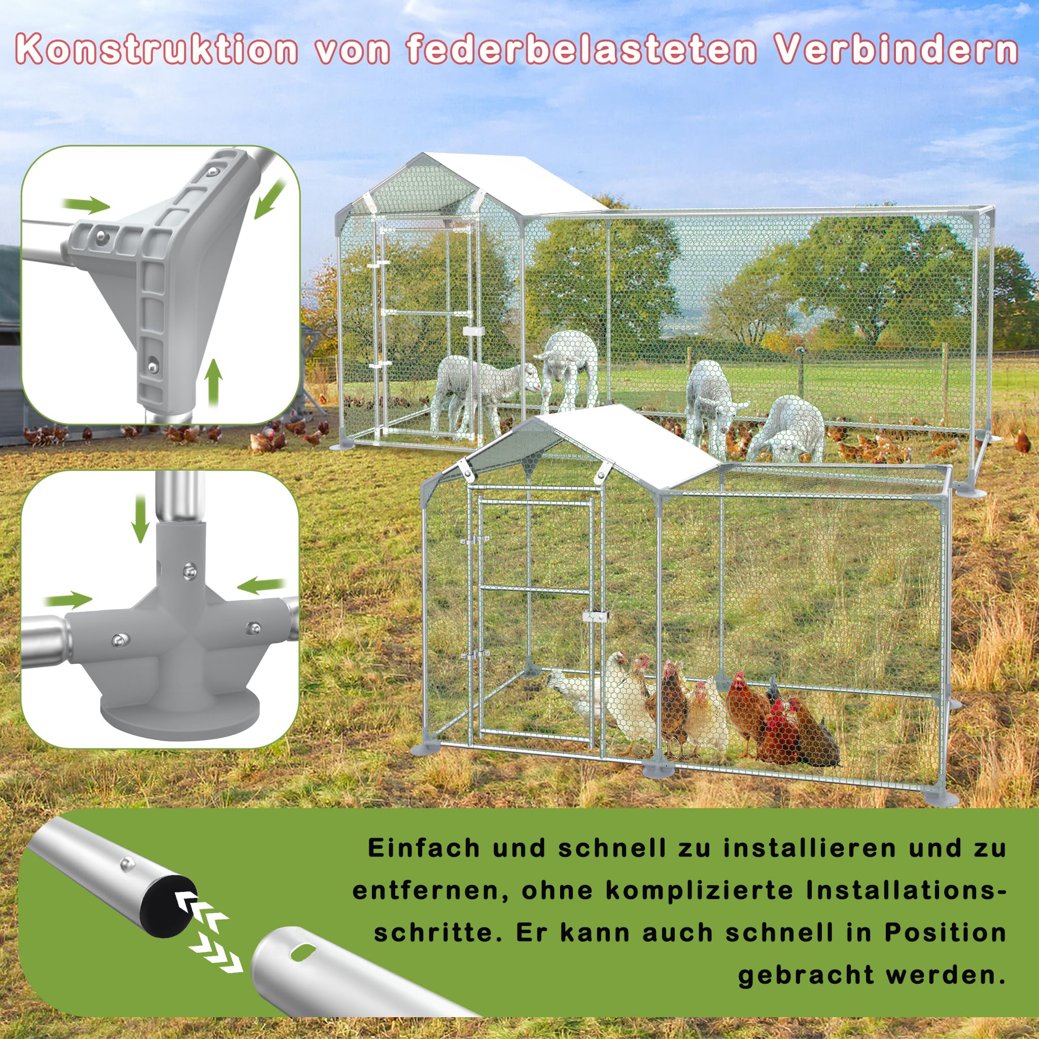 LILIIN Gallinero de 2 x 1 x 1,4 m, Acero Galvanizado, Jaula para Gallinas, Patos, Conejos y Gansos, Cercado al Aire Libre con Cerradura, Aviario para Aves de Corral y Animales Pequeños, Color Verde