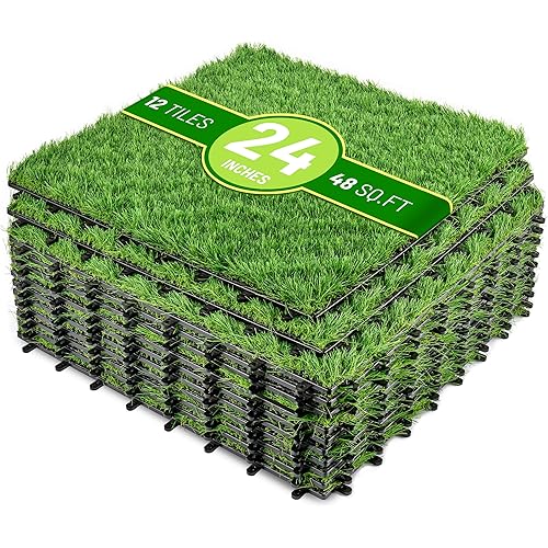 Sorbus 48Sq. Ft. Artificial Grass Tiles – Interlocking 24"x24" Fake Grass Mats for Balcony, Patio, Deck Flooring, Pets & Dog Pee Pad – Self-Draining Turf Squares with 8-Buckle System for Outdoor Decor