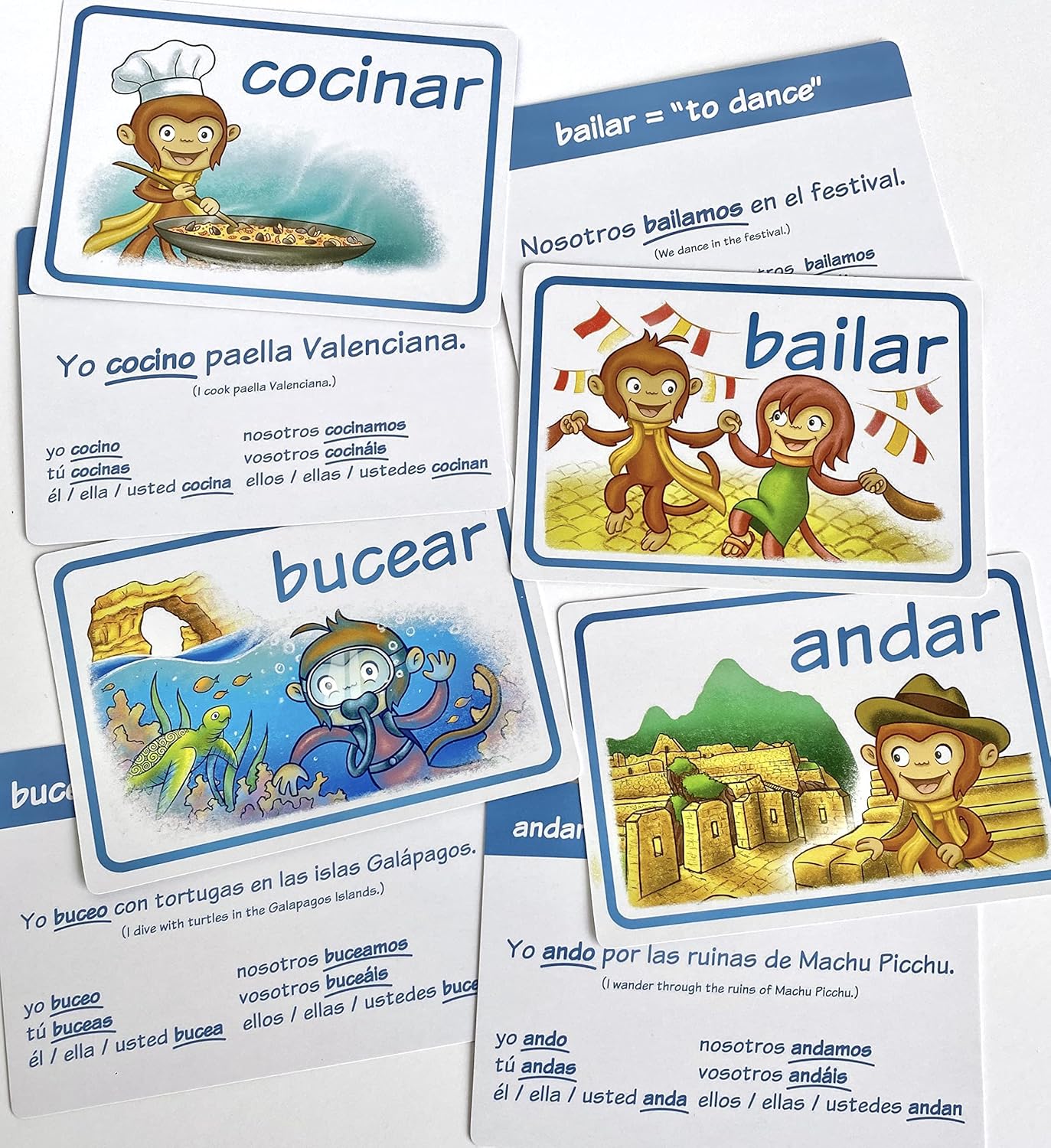 Spanish Verb Flash Cards by Monkey Wonder - Learn Spanish with 98 Verbs Defined with Full Conjugation, for Kids and Adults, Home and Classroom Back-to-School - Image 7
