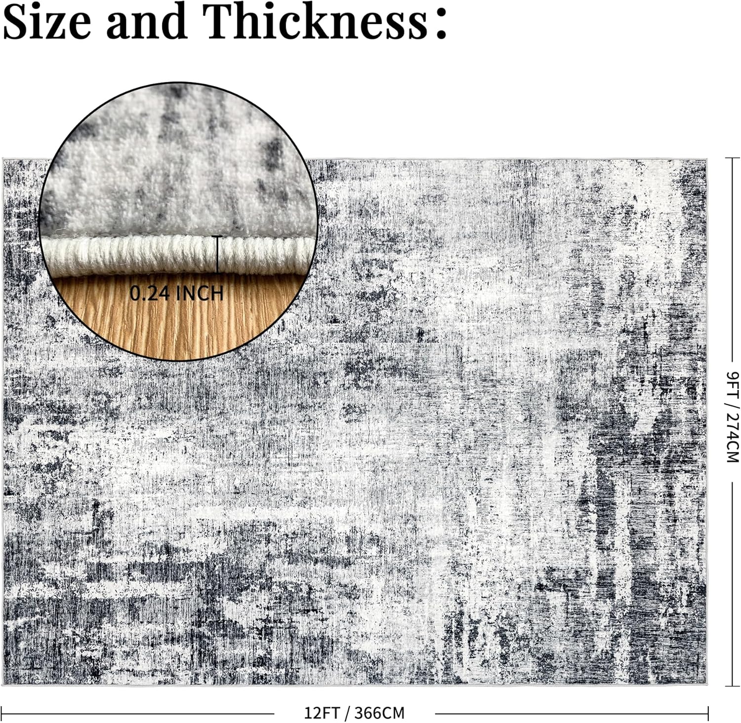 Washable 9x12 Area Rug: Modern Large Rugs for Living Room Dining Room Bedroom Office Indoor - Non-Slip Carpet Home Decor - 9x12 Black Grey