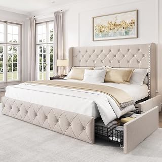 LARMACE Linen king bed frame with drawers