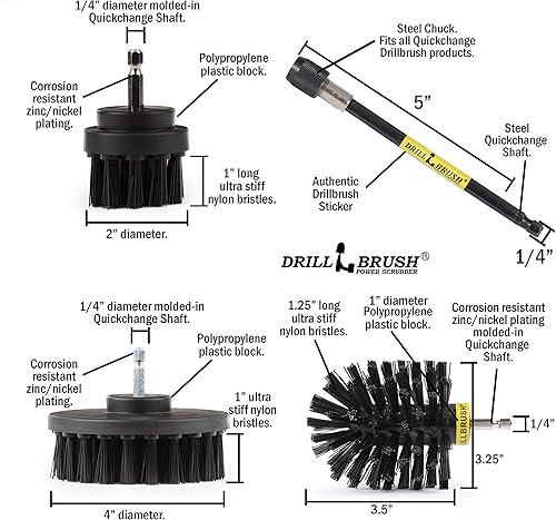 Miniatura 5 de Juego de 3 cepillos para limpieza para conectar al taladro, herramientas para limpiar y restregar para utilizar con el taladro, con extensión.
