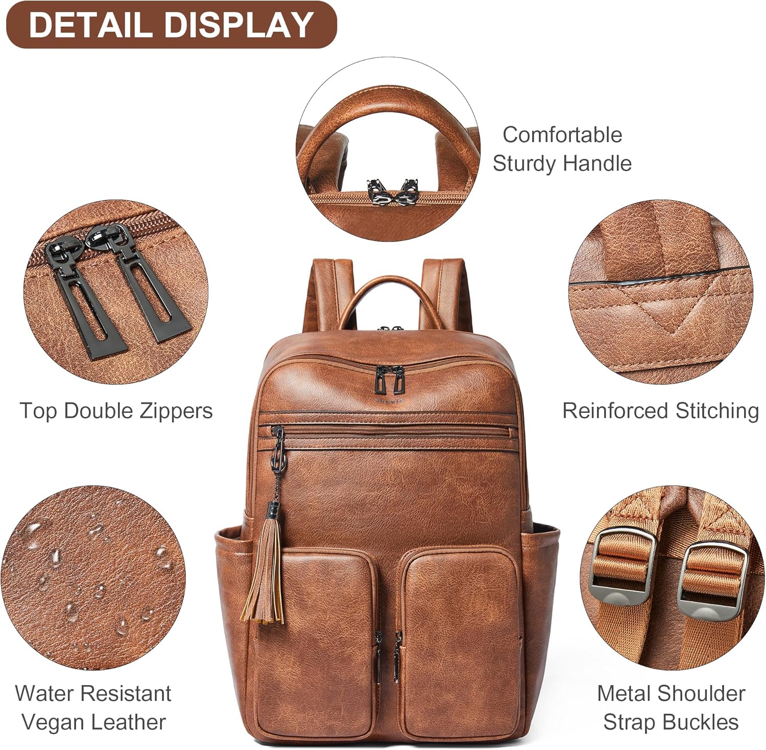 Shrrie Laptop Backpack for Women 16 Inch,Vegan Leather Travel Backpack Purse Work Business Computer Backpacks Teacher Nurse College Laptop Bookbag Casual Daypack,Two-toned Brown - Image 6
