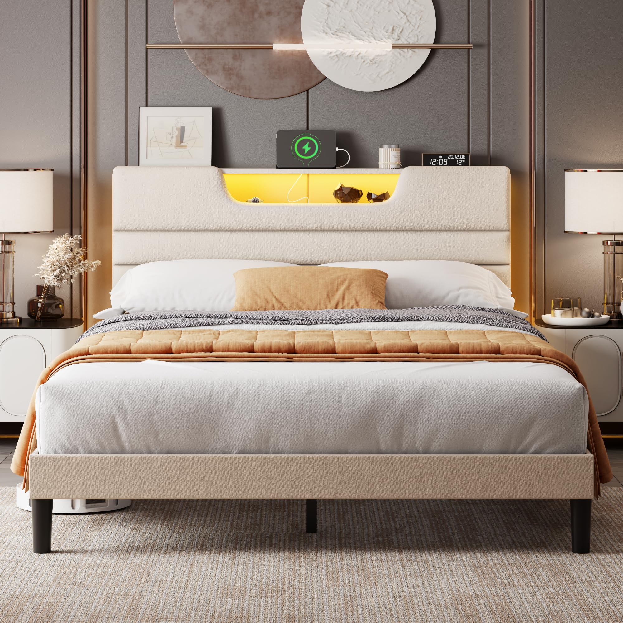 Queen Size Bed Frames with Upholstered Headboard Modern Platform Bed with Charging Station and Led Lights Bed Frame