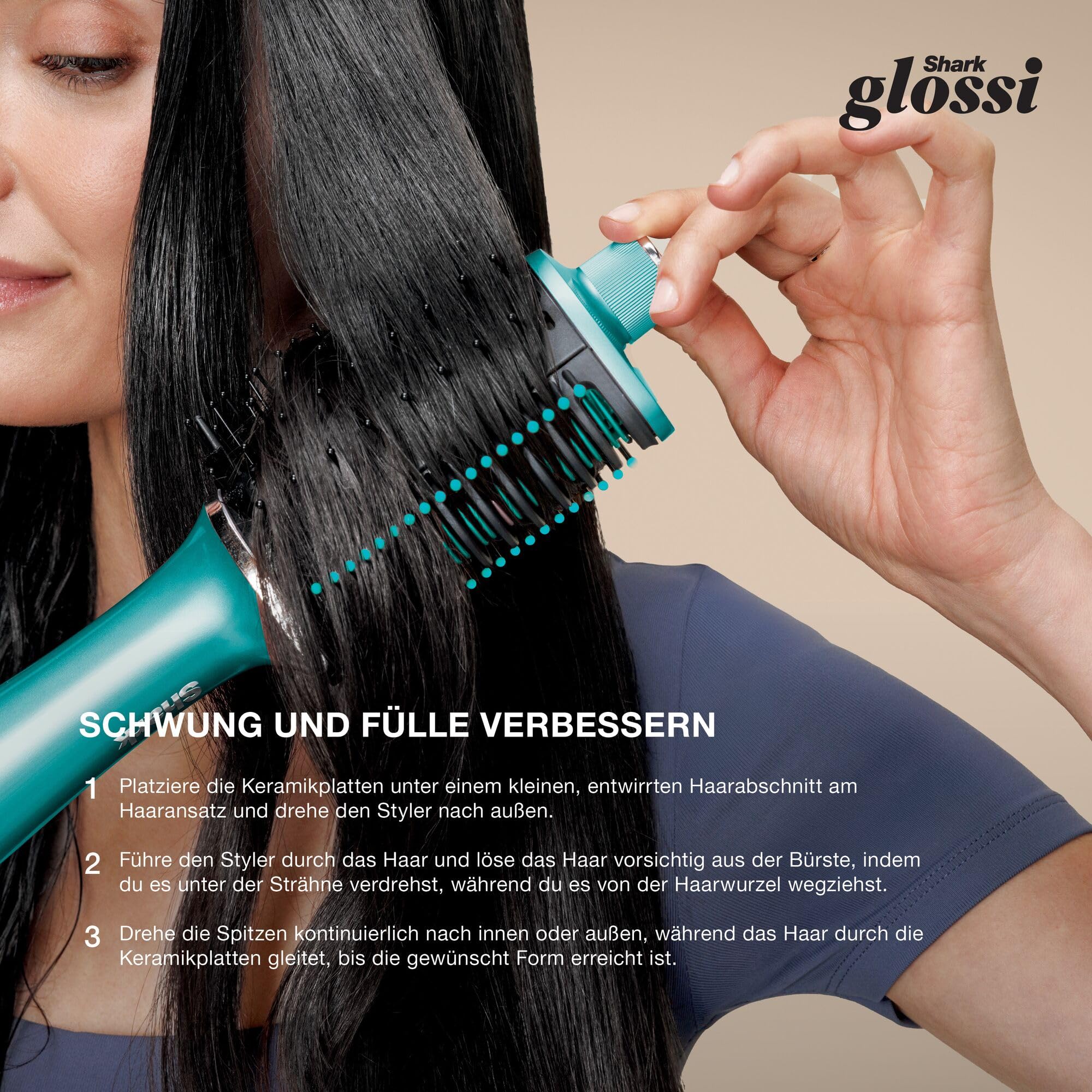 Shark Glossi 2-in-1-Styler mit Heißluft und Glanz-Finish, Türkis HT302EUTL | Salonqualität, Keramikplatten, Volumen, Gloss Lock, alle Haartypen