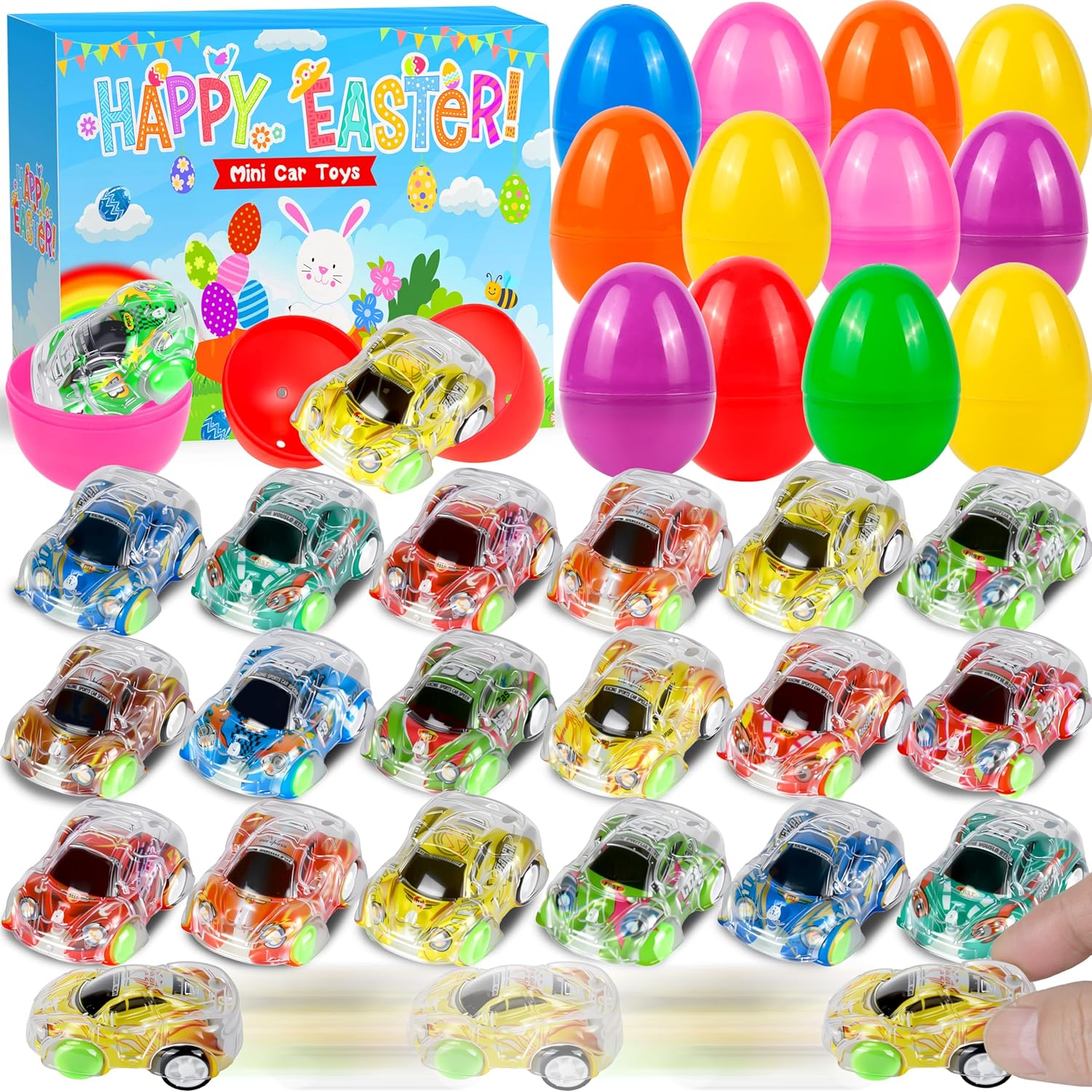 24Pack Prefilled Easter Eggs with Pull Back Cars,Mini Race Car Prefilled Easter Basket Stuffers Gifts Party Favors for Classroom Prizes Goodie Bag Egg Hunt