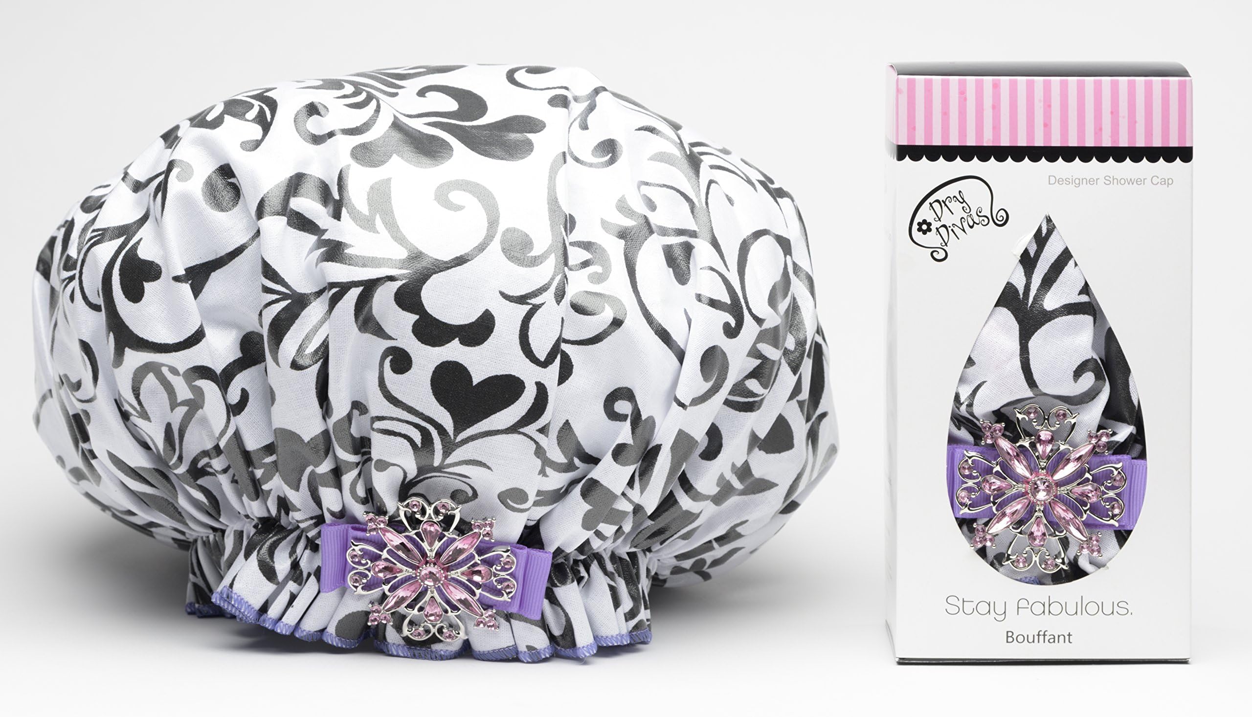 Dry DivasDesigner Shower Cap For Women - Washable, Reusable - Large Bouffant Cap With Vintage Jeweled Brooch (I Heart U)