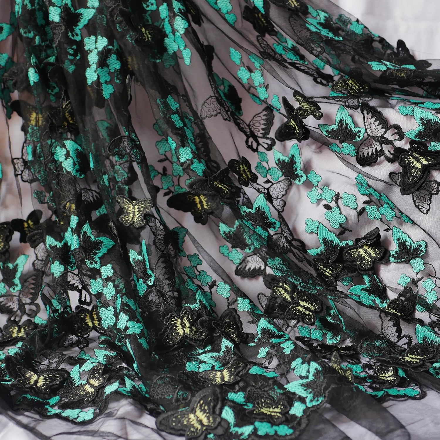 Lace Fabric 2 Yards, 3D Butterfly Embroidery Tulle Fabric Lace Material for Wedding Party Dress(Green)
