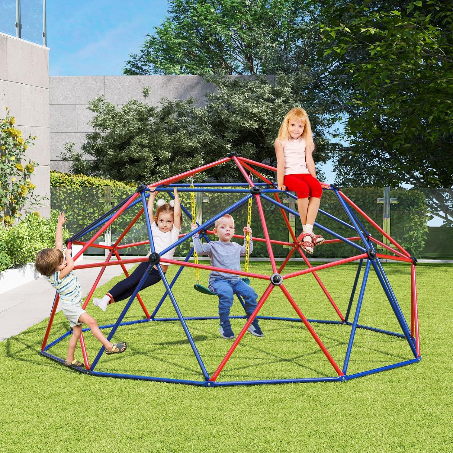 GLACER 10 FT Climbing Dome with Swing, Steel Outdoor Geometric Playground Dome Climber, Supporting 800 lbs for Kids Ages 3-10, Easy Assembly, Jungle Gym for Indoor, Backyard (Blue + Red)