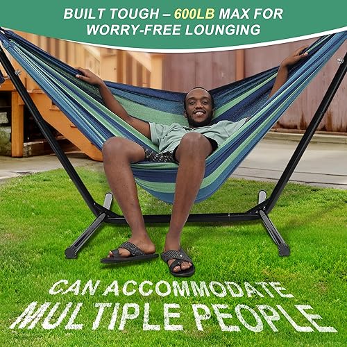 Miniatura 7 de Hamaca con soporte para exterior, capacidad de peso de 600 libras, hamaca portátil 3 en 1 de altura ajustable para acampar al aire libre e interior,