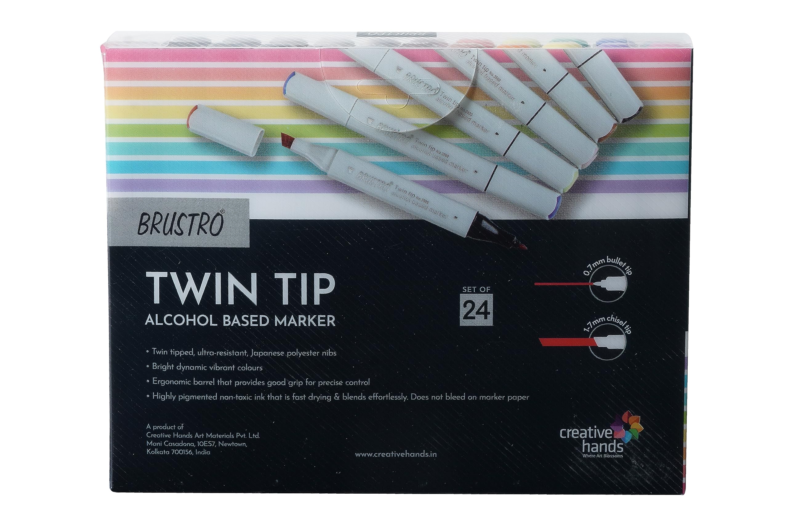 BRUSTRO Marker na bazie alkoholu z podwójną końcówką, zestaw 24 szt. (A) w przezroczystym pudełku krzyżowym PP, rozmiar końcówki – szeroka linia 1–7 mm, drobne 0,7 mm, odporne na rozmazywanie