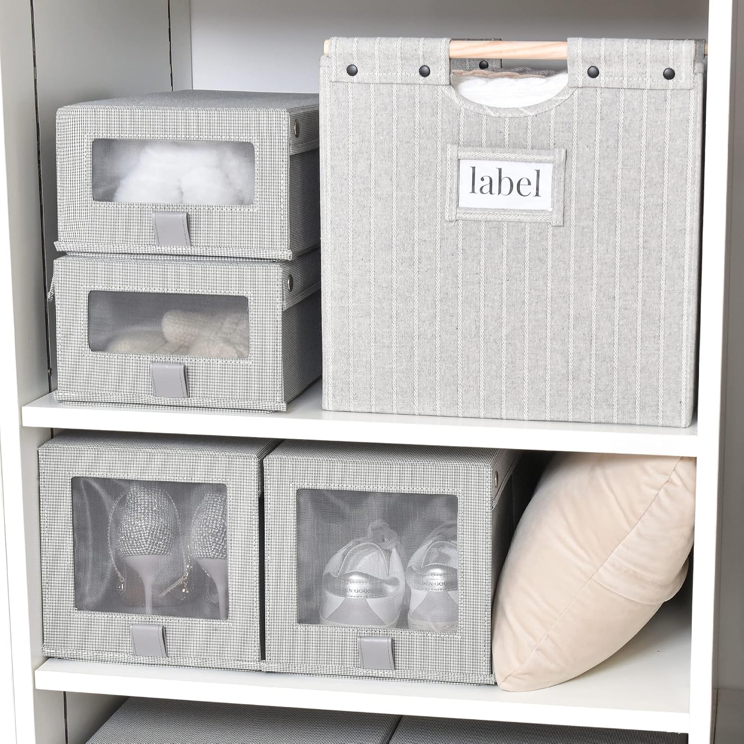 StorageWorks Closet Baskets, Decorative Storage Bins for Shelf, Fabric Baskets with Wooden handles, Gray Stripes, Jumbo, 2 Pack, 12 ¾" L x 15" W x 12 ¾" H