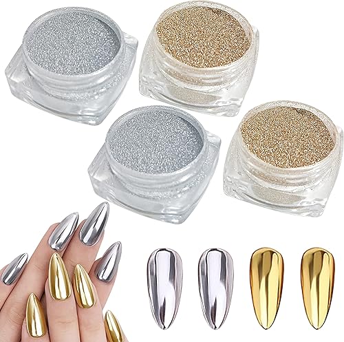 Polvo de uñas cromado dorado y plateado – 4 tarros de sirena con purpurina efecto espejo brillante Aurora polvo para mujeres y niñas regalos