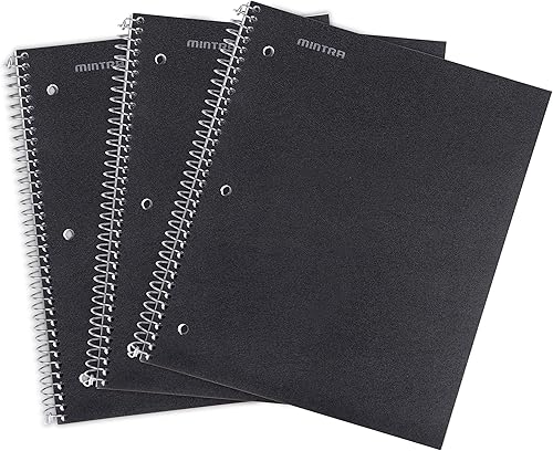 Mintra Office Cuadernos de espiral duraderos, 1 materia, (negro, rayado universitario, paquete de 3), 100 hojas, bolsillo de poli, cubierta