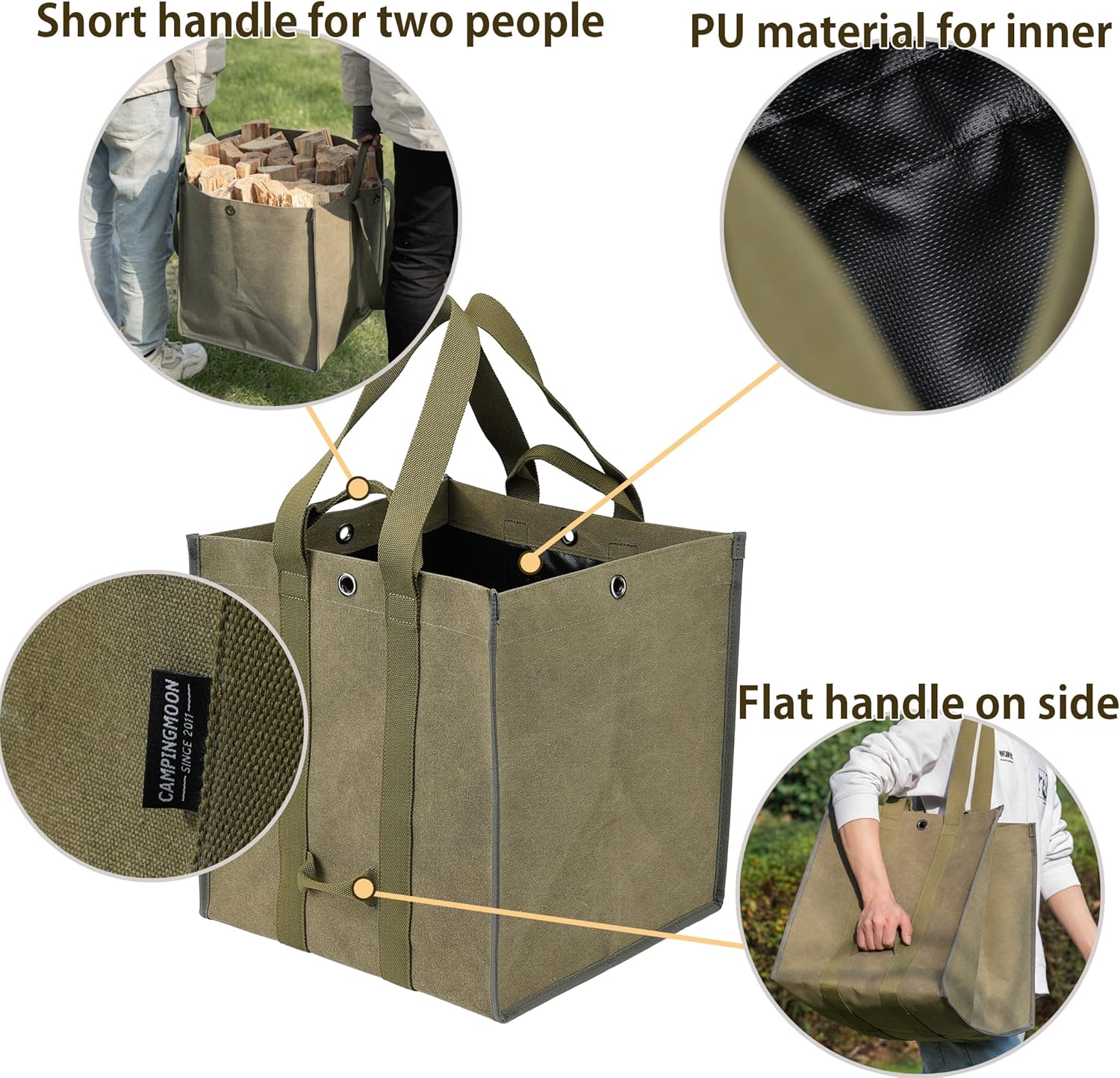 Firewood Log Carrier Tote Fire Wood Canvas BC-400 Khaki Durable Easy Carry