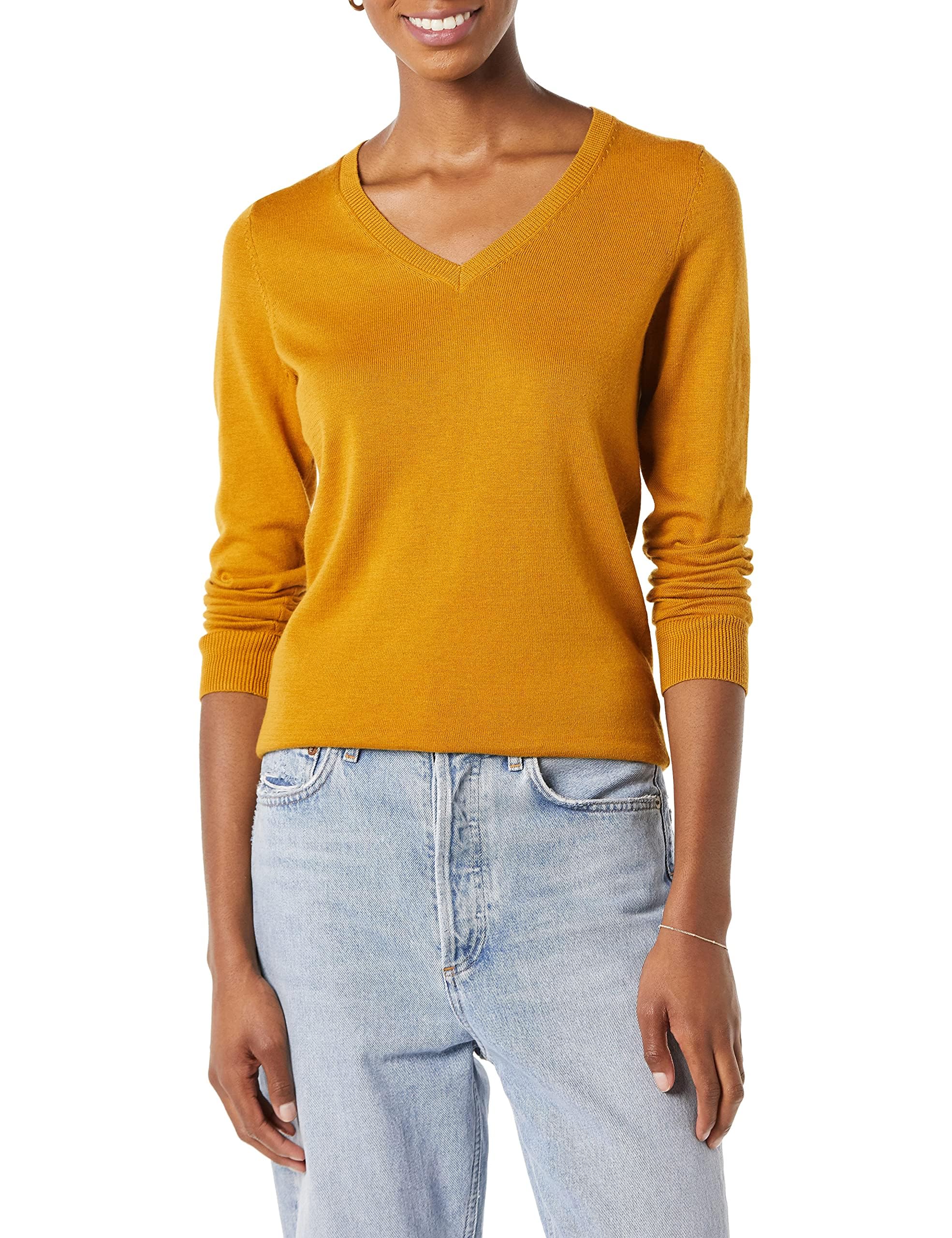 Amazon Essentials Damen Leichter, langärmliger Pullover mit V-Ausschnitt (erhältlich in Übergröße), Klassischer Schnitt, Dunkelgoldgelb, XS