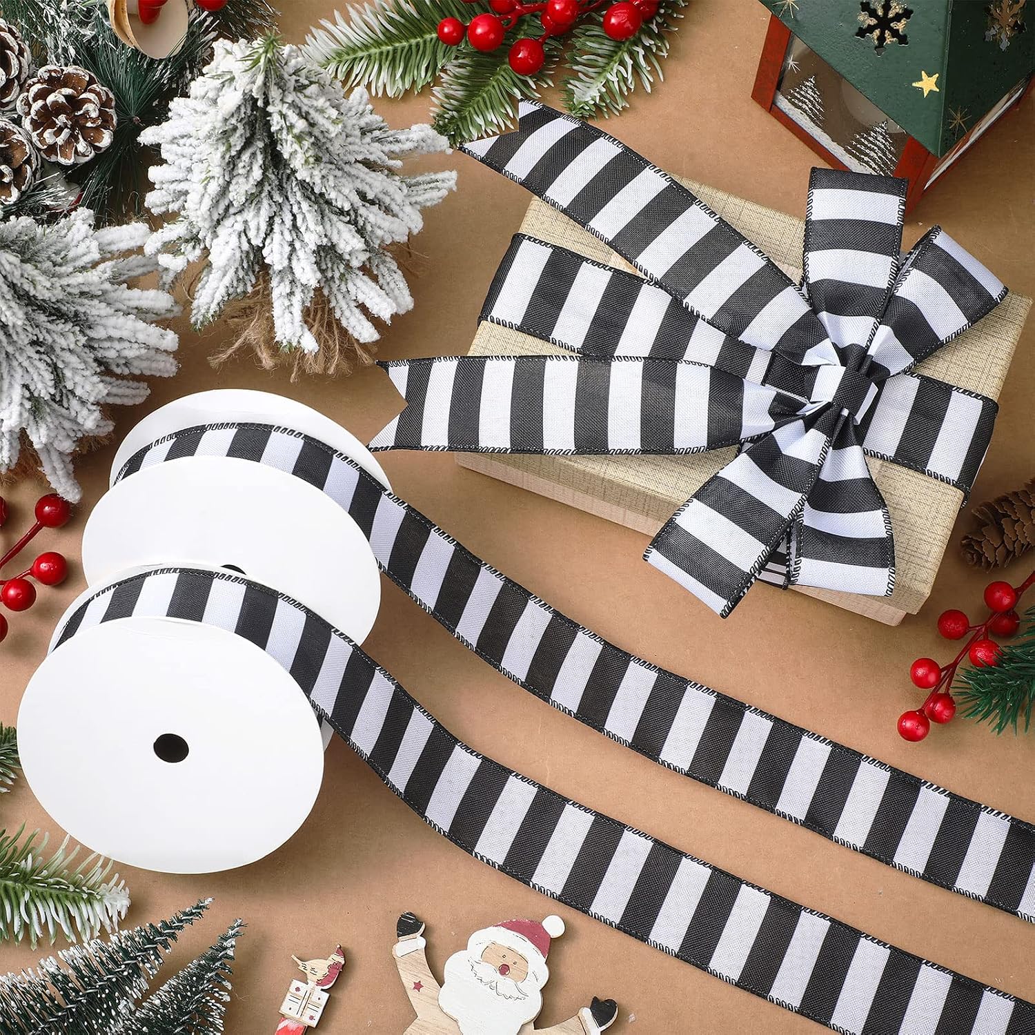Syhood 20 Yards 2 Rolls Black and White Wired Ribbon, Stripe, 1.5 Inch Wide