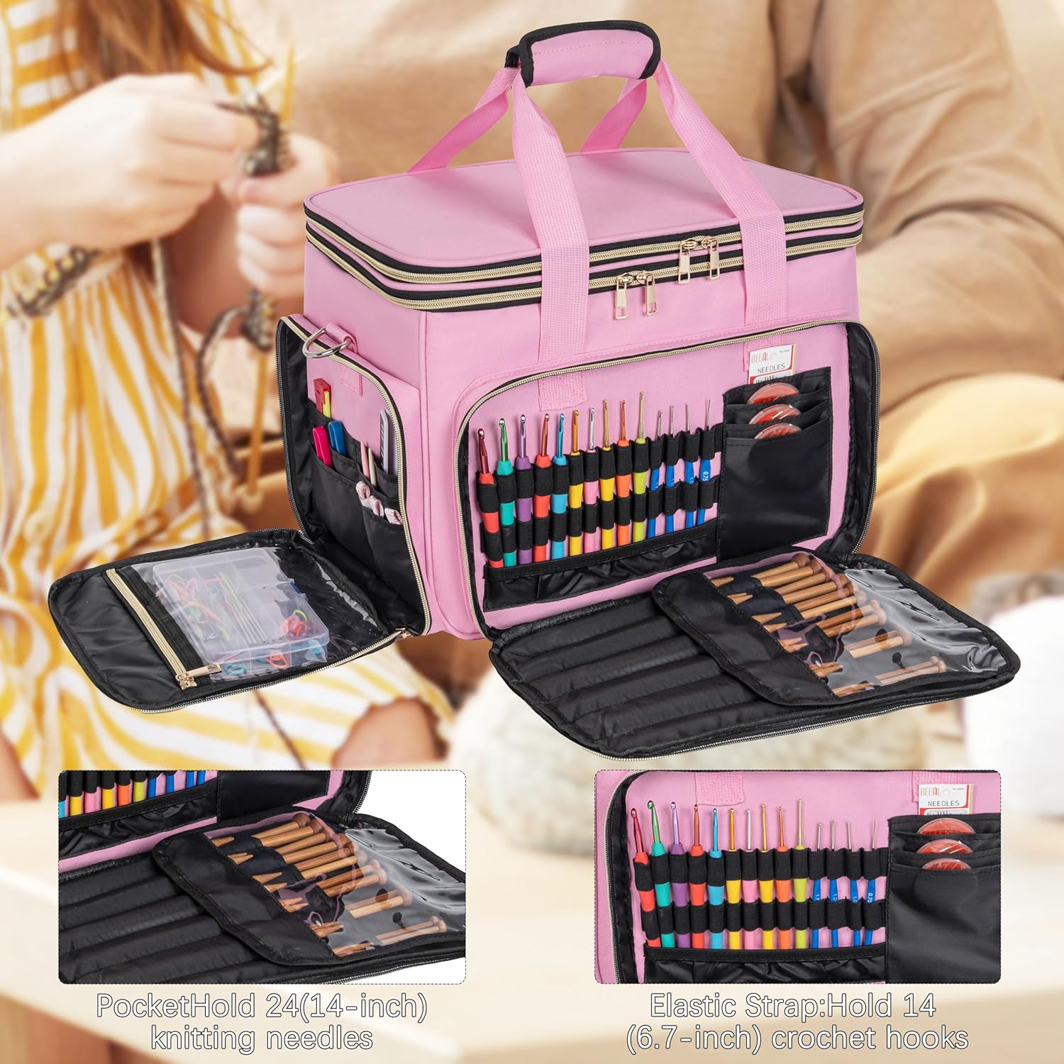 TORIBIO Large Knitting Bag Yarn Storage Organizer,Portable Crochet Tote Bag,Yarn Bags for Crocheting On The Go for Knitting Needles, Crochet Hooks, Knitting Accessories, Unfinished Project