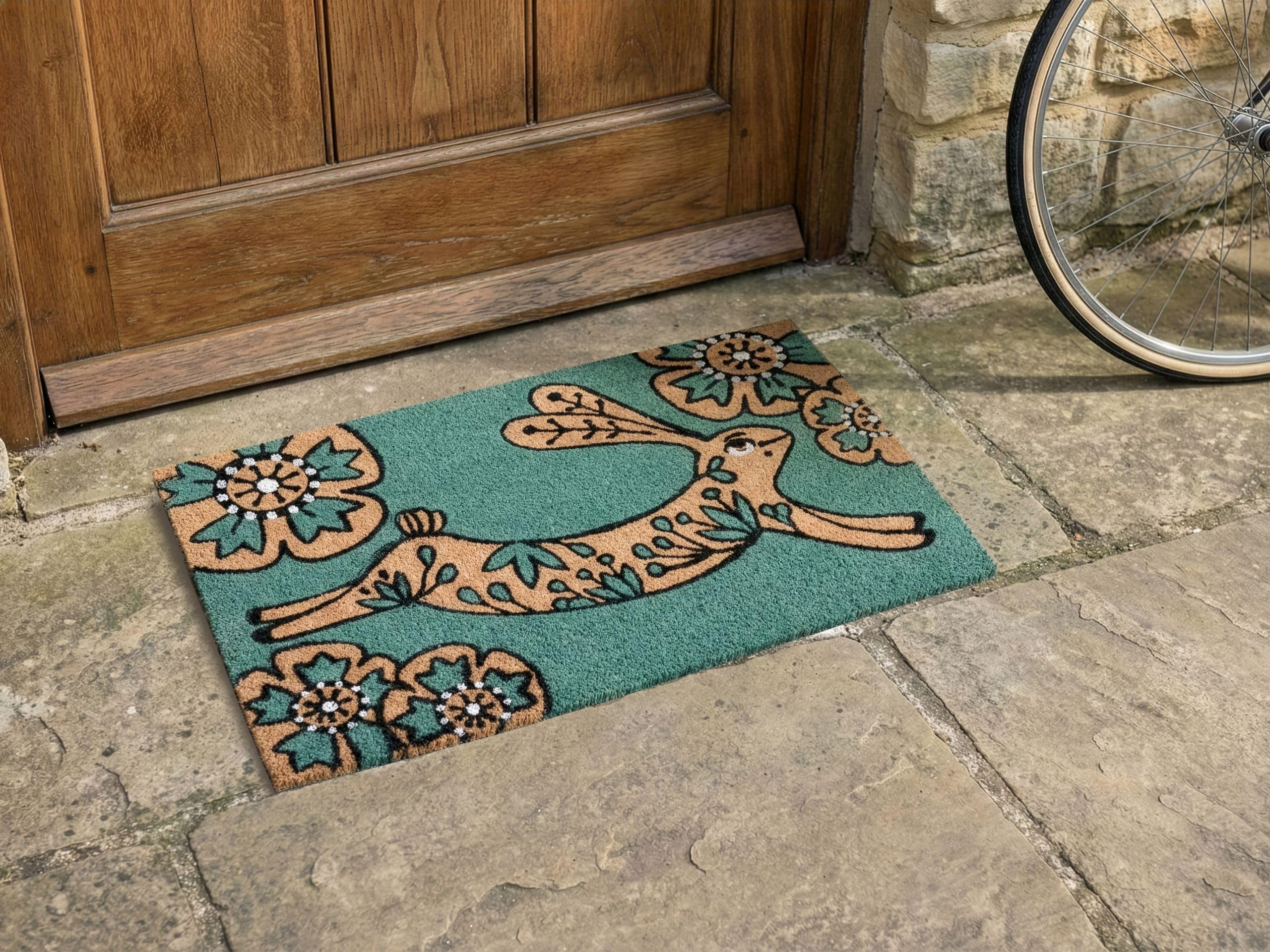 Beliani Paillasson Moderne en Fibre de Coco 45 x 75 cm Motif Lapin Antidérapant en PVC Intérieur Extérieur Bleu Sarcelle Clark