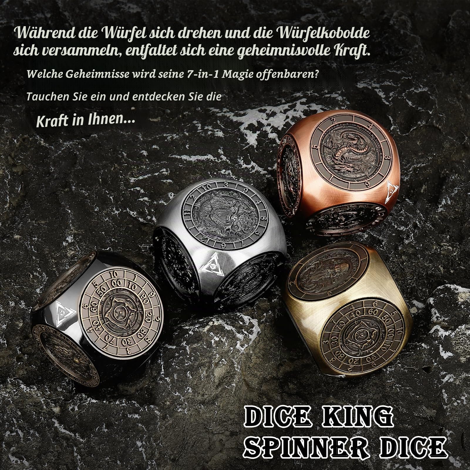Haxtec Spinner Würfel 7-in-1 Metall DND Würfelset – Einzigartiger Würfelspinner für Goblin-Metall D&D Würfel, perfekt für Dungeons and Dragons & DND-Geschenke – Dice King