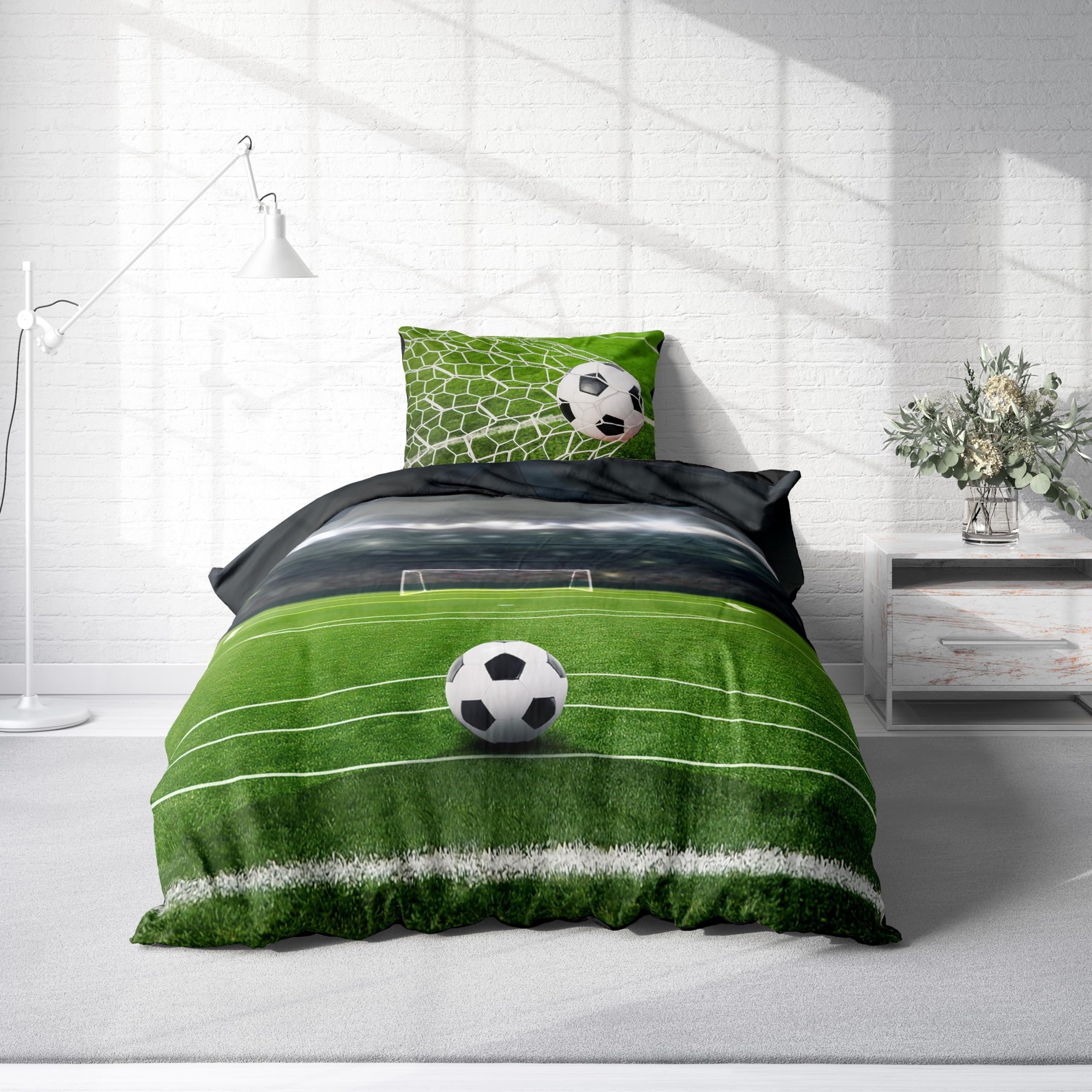 Bettwäsche 135x200 cm Mikrofaser Bettbezug Kinderbettwäsche Fotodruck modern weich und kuschelig knitterfrei für Sommer und Winter geeignet, Farbe:Fußball Stadion grün, Größe:2 teilig 135x200 cm
