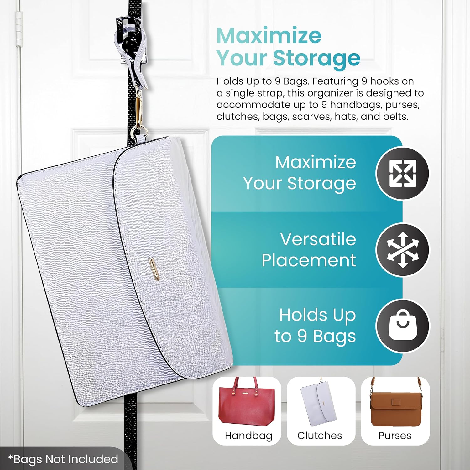 Perfect Curve Handbag and Purse Organizer | Hold up to 18 Bags | Over The Door Organizer for Purses and Handbags | Adjustable Clips | 2 Straps | Black - Image 2