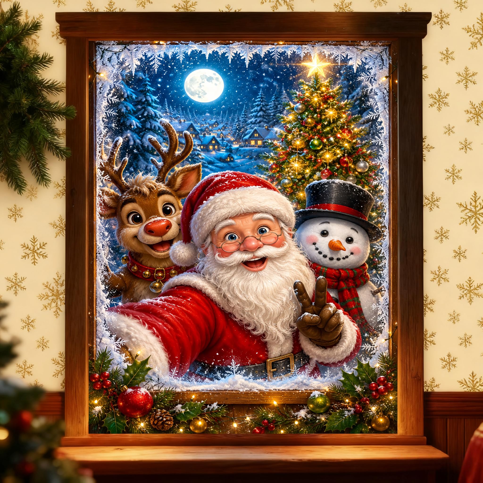 Christmas Window Banner with Santa Claus and Reindeer – Merry Christmas Backdrop for Window Decor, Holiday Photo Booth, Wall Hanging Sign for Xmas & New Year Party (A) — image 1