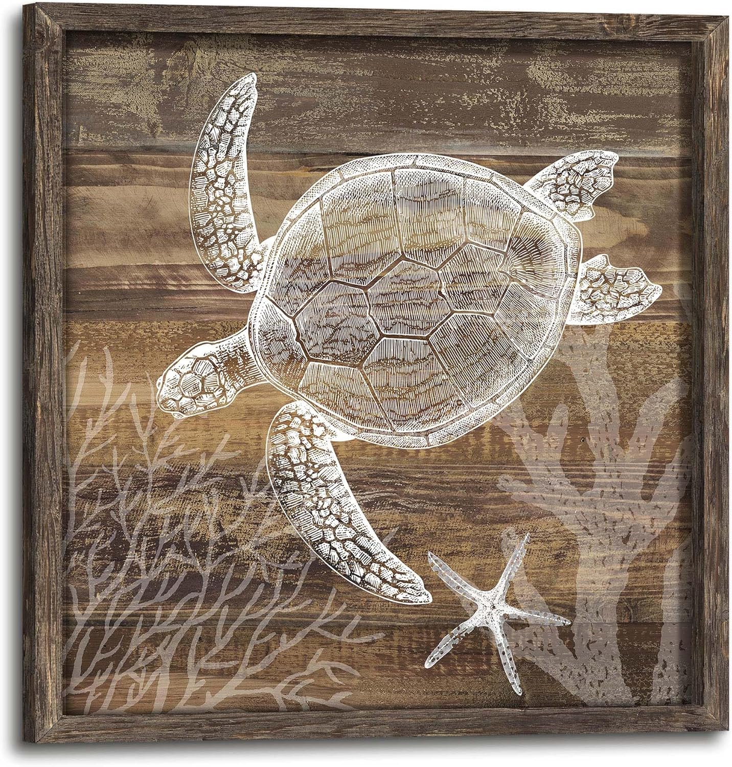 Inpraradiso Sea Wall Art Decor Picture: Bathroom Ocean Theme Wood Print Decor Turtle Marine Life Underwater Painting Rustic Beach Coastal Animal Artwork for Living Room Bedroom Office 16x16 Inch