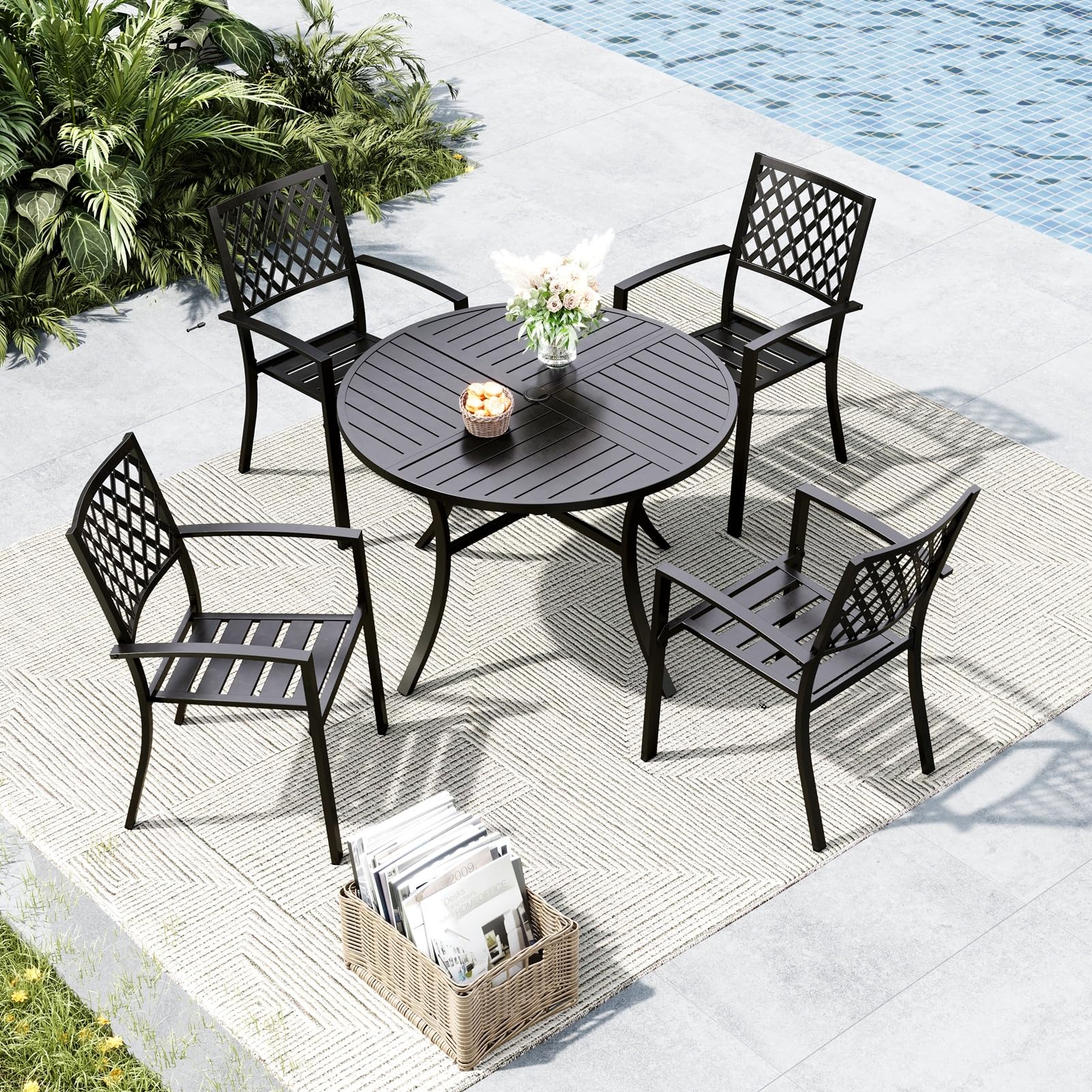MFSTUDIO 42 inch round black metal dining table and four chairs