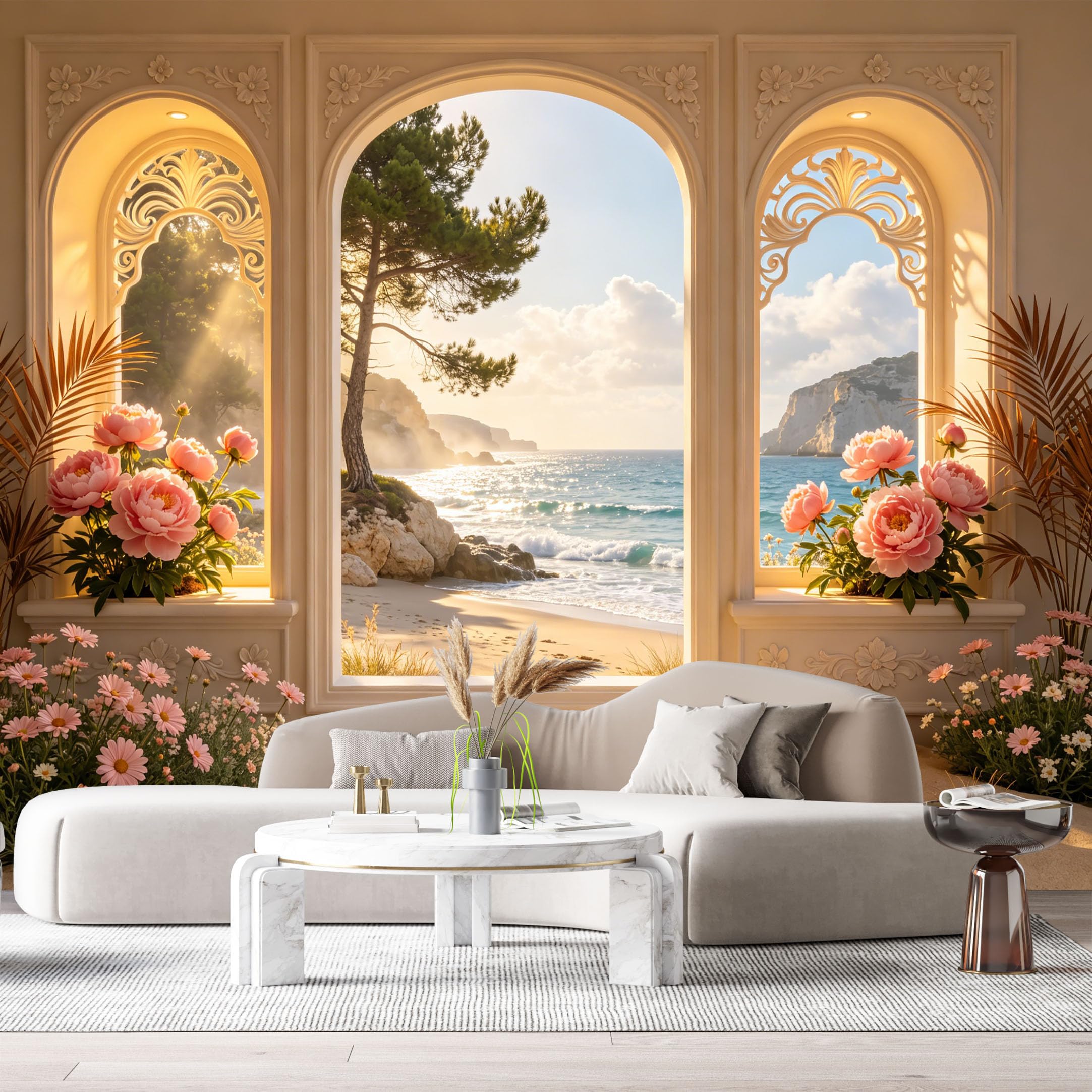 Custom Size Wall Murals Coastal Ocean View 3D Trompe L'Oeil Mediterranean Arch Flowers Beach Sand Shells SelfAdhesive Wall Fabric Removable Large Wallpaper for Living Room