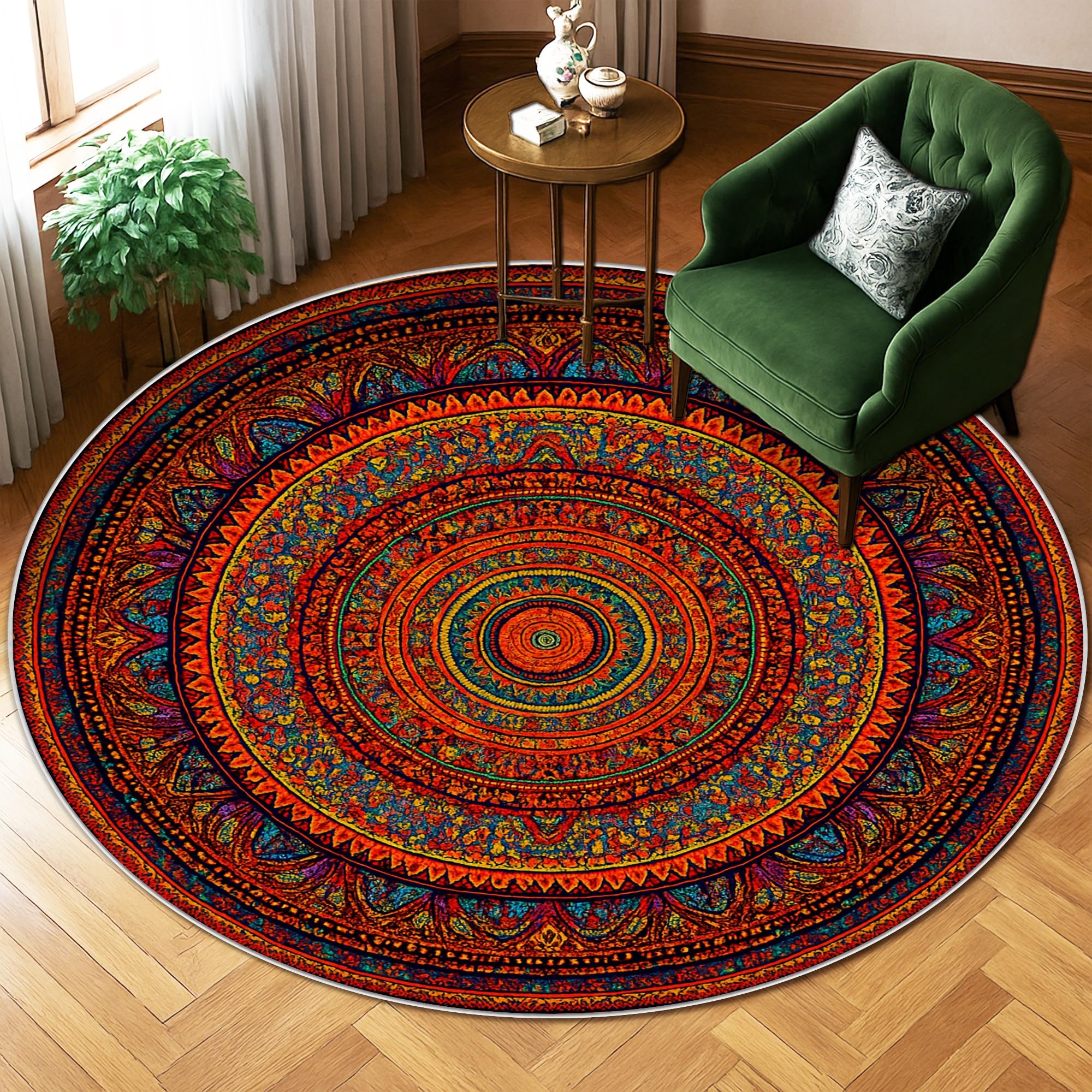 Tapis mandala bohème ethnique, floral, géométrique, été, rouge, dos antidérapant, tapis de sol pour salon, chambre à coucher, nouvelle maison, salle à manger, 1,8 x 1,8 m