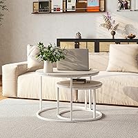 Vista 4 de HOJINLINERO Juego de Mesa de Centro Redonda de 2 Mesas Auxiliares para Sala de Estar, Mesa de Centro Blanca Moderna Mesas Anidadas, Mesas de Sala