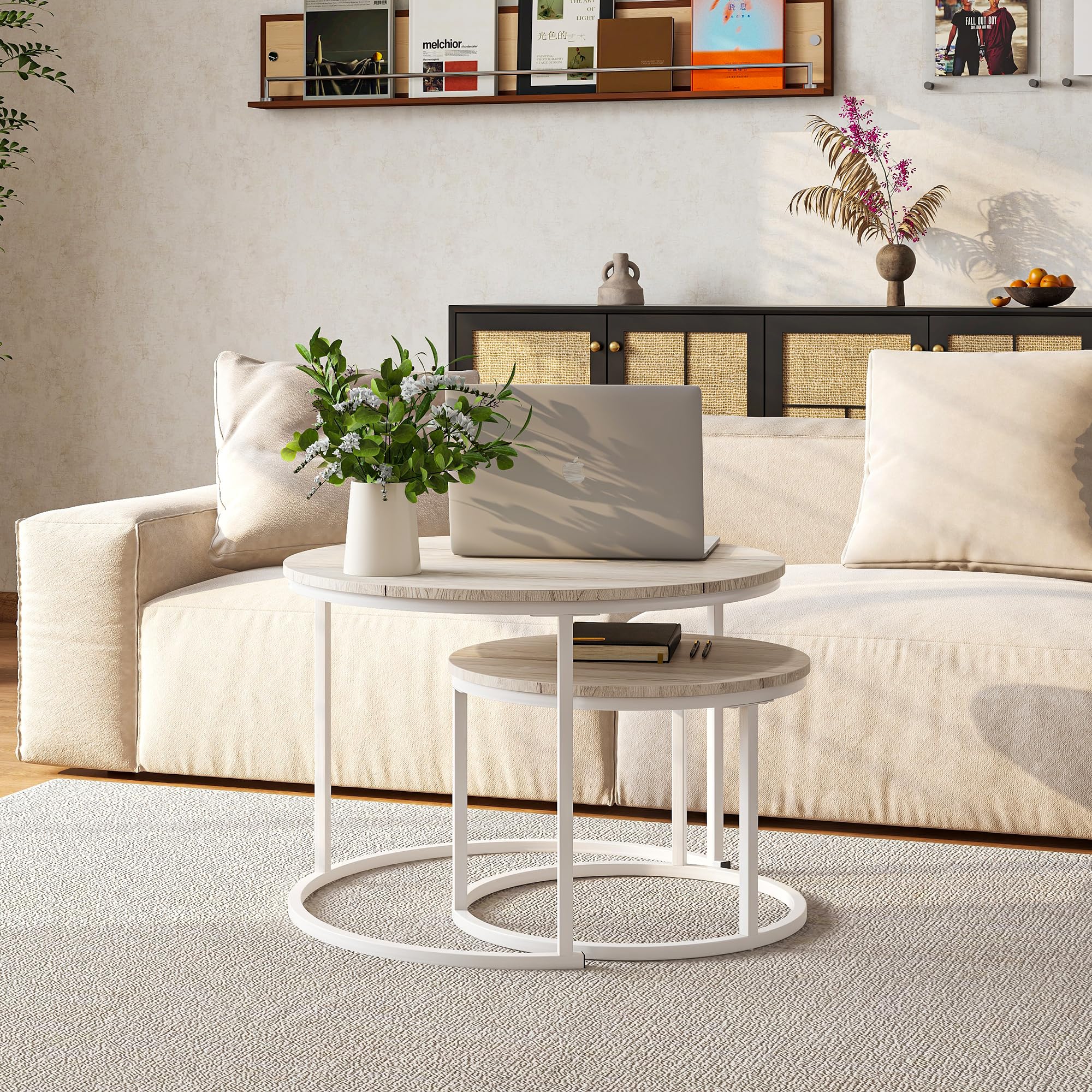 HOJINLINERO Juego de 2 mesas auxiliares redondas para sala de estar, mesa de roble resistente y fácil de montar, moderna apilable para dormitorio
